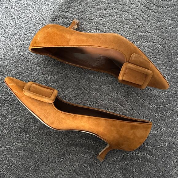 Manolo Blahnik Maysale Suede Buckle Kitten Heel Pumps Cognac Brown Size EU 38 - Picture 11 of 14